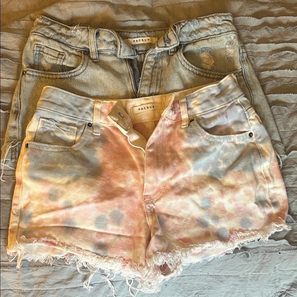 PacSun Pastel Tie-Dye High-Rise Denim Shorts - Peach, Blue, Cream
